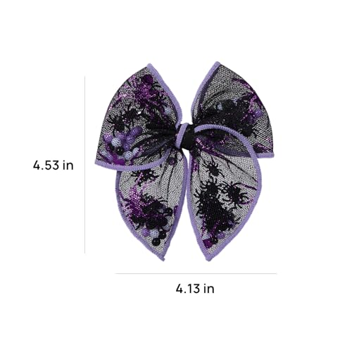 Halloween Spider Shaker Hair Clips - Black & Purple Mesh Bow with Alligator Clips - Variation D