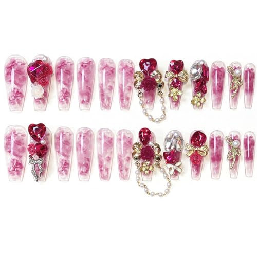 Press On Nails Coffin Medium with Bow Rhinestones Butterfly 3D Charm Set - Variation 26