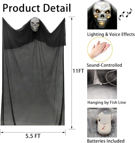 2 Pack 11 FT Ghost Decorations - Scary Hanging Halloween Ghosts with Sound & Voice Effects for Indoor & Outdoor