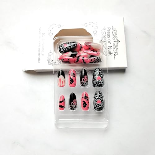 Halloween Press On Nails Set - Gothic Pink & Black Almond Fake Nails W9