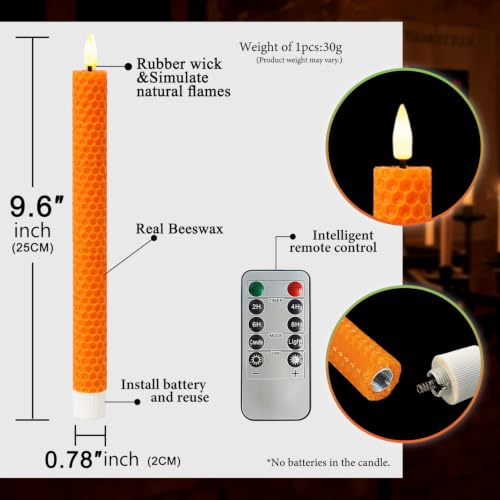 Orange Honeycomb Flameless Candles with Remote & Timer - 9.5 Inch LED Flickering Candles, Real Beeswax, Battery Operated, Set of 6