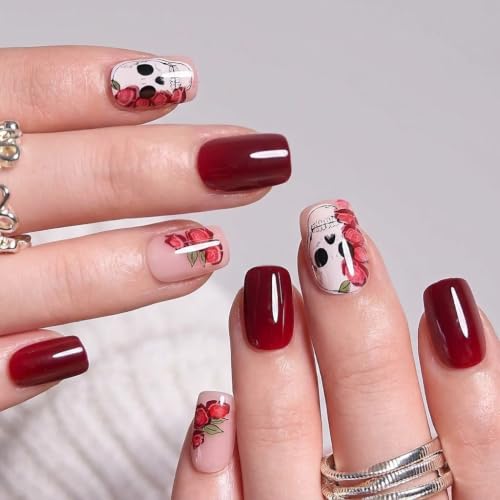 CurvLife Short Square Halloween Press-On Nails with Red Skull Design, Gothic White & Red, Gel Finish