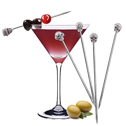 Skull Cocktail Picks - Reusable Olive Garnish Skewer Set, Antique Silver, 10 Pack