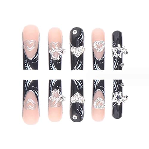 Press On Nails Long Rhinestone Fake Nails Black Square Bling 24pcs - Variation 2