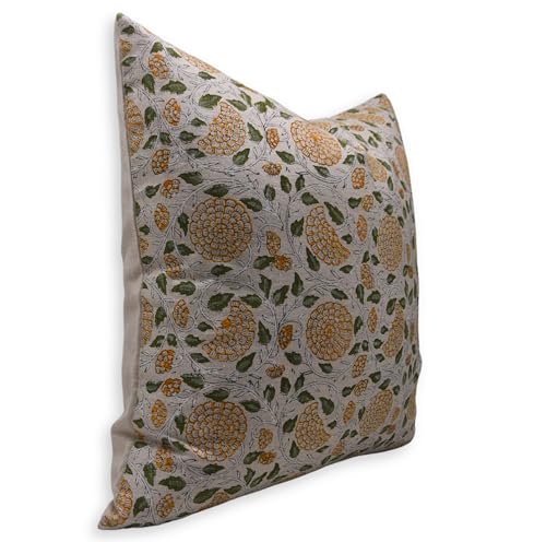20x14 Inch Handmade Linen Pillow Cover - Yellow Block Print Cushion Case for Sofa & Farmhouse Decor