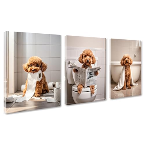 Framed 12x16 Inch Canvas Wall Art Set - Funny Bathroom Dog Decor - 3 Pack