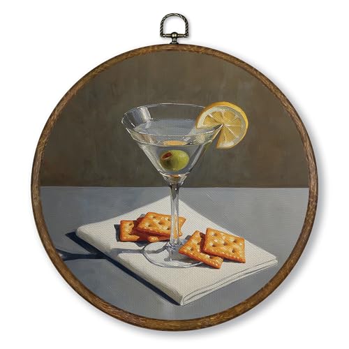 Cheese Crackers Wall Art - Martini Cocktail Food Decor, 10x10 Inch Round Canvas with Frame