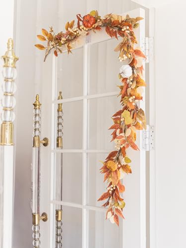 White Pumpkin with Red Willow Leaves Fall Garland 6.8FT Autumn Decor for Home Thanksgiving Halloween