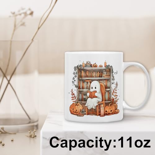 QASHWEY White Halloween Ghost Mug 11oz - Fall Book Lover's Coffee Tea Cup