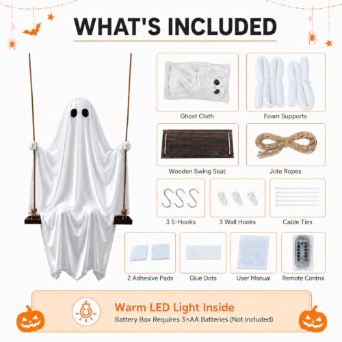 Large Hanging Swing Ghost with LED Lights - Outdoor Halloween Decor, 5 FT Spooky Ghost for Porch & Yard