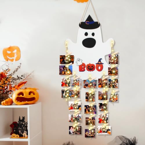 Halloween Ghost Door Sign with LED Lights and Photo Holder, Wooden Wall Decor