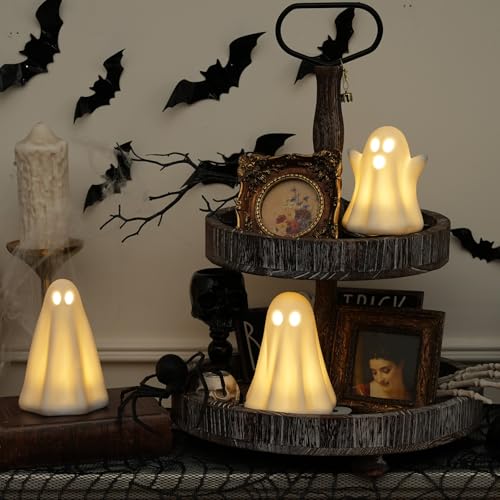 Halloween Ghost Decor Set - Light Up Ceramic Ghosts with Timer - Indoor Halloween Decorations - Variation of THIS listing
