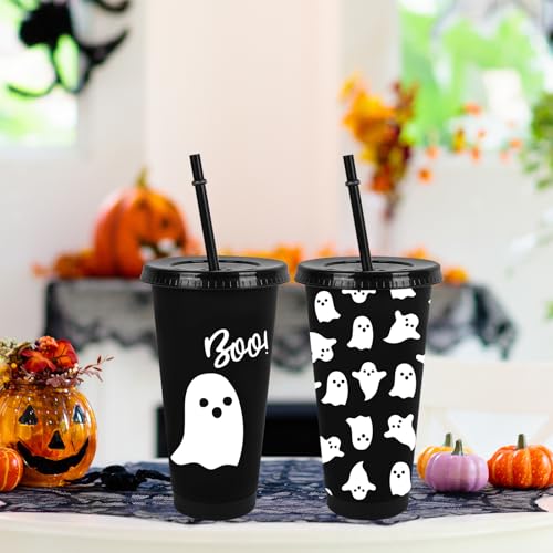 Halloween Ghost Plastic Cups with Lids & Straws - 24 Oz Reusable Tumblers for Party, Birthday & Baby Shower Decor, Black & White, Set of 12