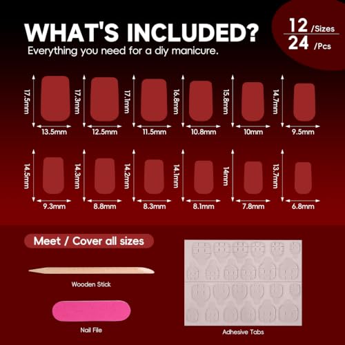 Press-On Nails Short Square Cherry & Black Red Cat Eye Design - 24pcs, Reusable Gel, Easy Application