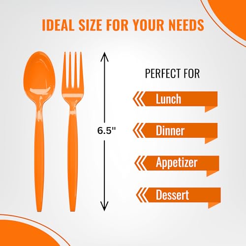 Orange Plastic Spoon and Fork Set - 50 Each, Disposable Party Cutlery