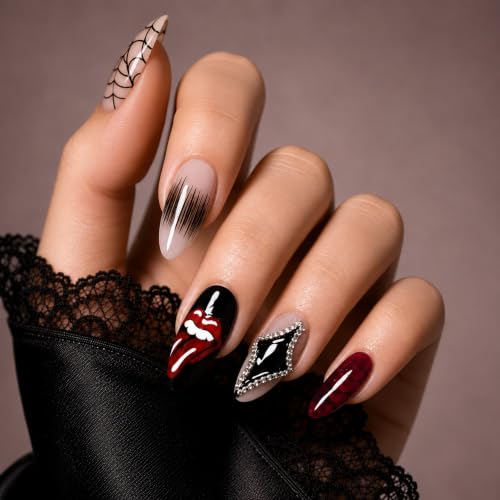 Gothic Halloween Press-On Nails with Spider Flame Chain Design - Black Red Variation