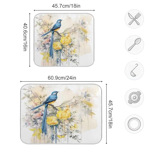 ALAZA Blue Bird with Yellow Flowers Dish Drying Mat - 16 x 18 Inch Kitchen Counter Protector