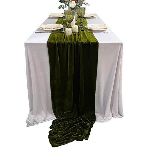 Olive Green Velvet Table Runner 10ft Wedding Reception Decor 20x120 Inch