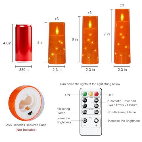 Raycare 9 Pcs Orange Flameless Candles with Remote Timer & Fairy Lights