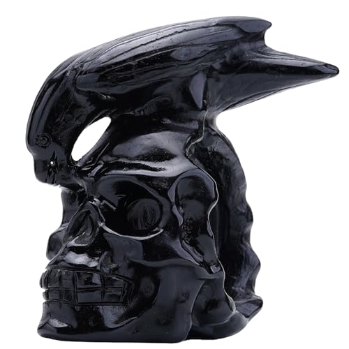 Obsidian Crystal Skull & Crow Hand Carved Statue - 3 Inch Reiki Healing Decor