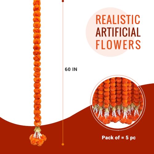 Marigold Garland with Bell - Dark Orange 5 Pack 5 Feet Long Diwali Decorations