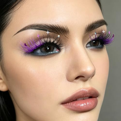 Glitter Rhinestone False Eyelashes - Purple Moon & Star Sequins, Wispy Reusable Fake Lashes for Party & Cosplay - 4 Pairs