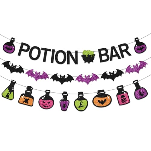 Halloween Potion Bar Banner with Glitter Potion Bottle Signs and Bat Decorations