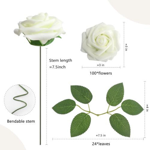 Ivory Artificial Roses Set - 100 Realistic Latex Flowers with Bendable Stems & 24 Leaves - Wedding & DIY Decor - Variation of THIS listing 100