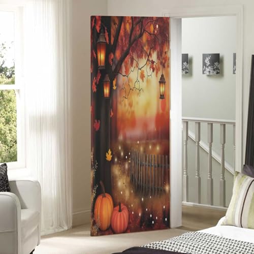 Thanksgiving Pumpkin Harvest Door Cover - Stretchy Fabric, 35x79 Inches - Holiday Home Decor