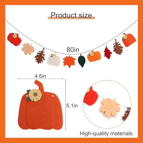Felt Pumpkin and Leaves Garland - Fall Harvest Banner for Thanksgiving & Halloween Decor