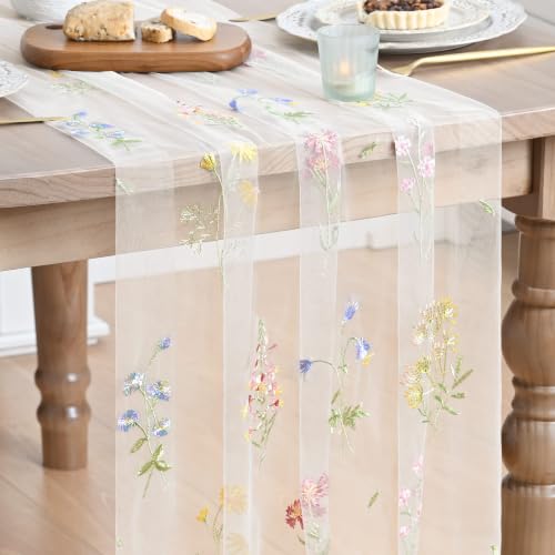 3PC White Gauze Embroidery Table Runner Set - 28 x 120 Inches, Spring Home Decor