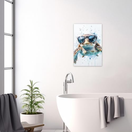 Sea Turtle Wall Art Canvas Prints Bathroom Decor Teal 36x24 Inches - Funny Turtle with Glasses