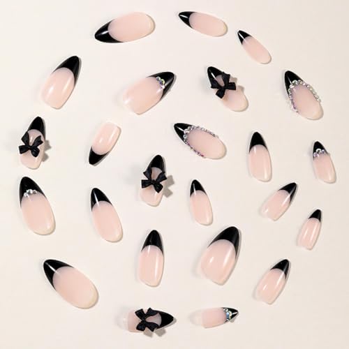 Press On Almond Nails - Fake Full Cover Black Bow Tips, Medium, 15 Piece Variation