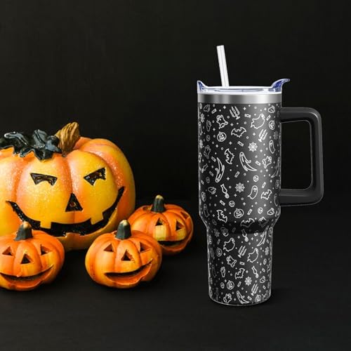 Halloween Ghost 40oz Tumbler Cup with Handle & Straw - Black Ghost Variation