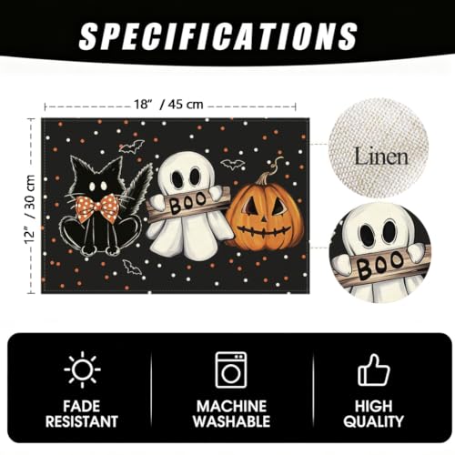 Black Halloween Table Placemats Set of 4 12x18 Inches Pumpkin Cat Ghost Decor