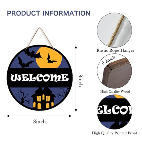 Halloween Welcome Sign - Spooky Night Door Hanger Wooden Decor 8x8 Inches