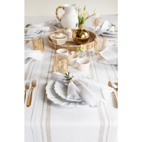 Linen Table Runner 14x108 Inches - Natural & White Striped, Handcrafted