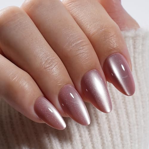 Cat Eye Press-On Nails - Mauve Short Almond Fake Nails - Metallic 5C
