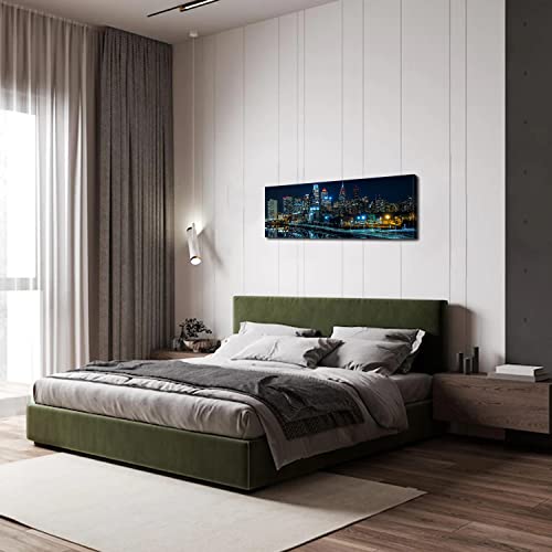 Philadelphia Skyline Wall Art Canvas Prints Night Cityscape Blue 14x48 with Frame - Blue Night Schuylkill River