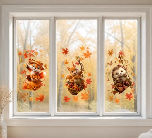 Autumn Window Clings - Forest Animals & Maple Leaves, 3-Piece Set - Static Fall Decor with Variation of This Listing