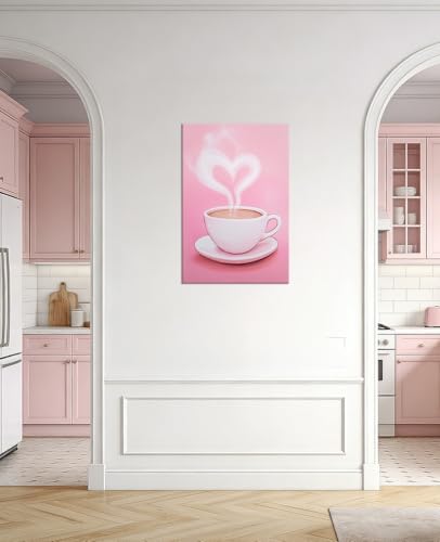 Pink Coffee Wall Art Canvas Prints 12x18 Inch Kitchen Decor with Heart & Cappuccino - Pink Variation A
