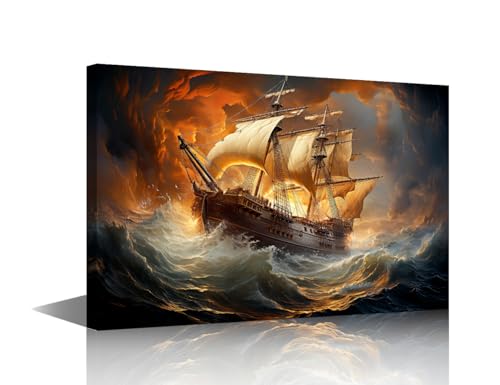 Pirate Ship Wall Art Canvas - Stormy Ocean Sunset Scene - 24x16 in - Framed Wall Decoration - Fantasy Boat Picture - Ready to Hang