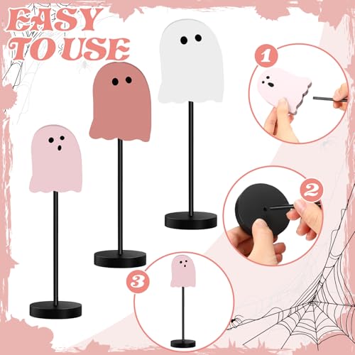 Pink Ghost Halloween Wooden Signs Set - Cute Spooky Tiered Tray Decor, 6 Pieces