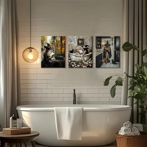 Dark Witch Bathroom Wall Art Set of 3 Canvas Prints - Gothic Halloween Decor
