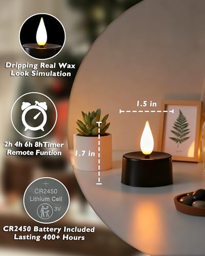 Black Flameless Timer Remote Candles 24 Pack - 3D Wick Tealights for Halloween & Decor