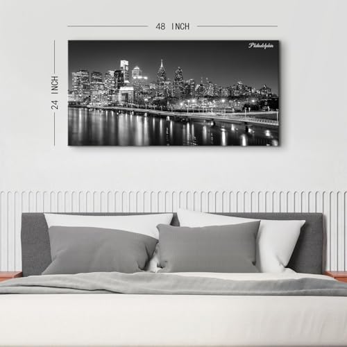 Philadelphia Skyline Wall Art Canvas - Black & White Cityscape, 48 x 24 Inches - Night View Cityscape Poster for Home & Office Decor