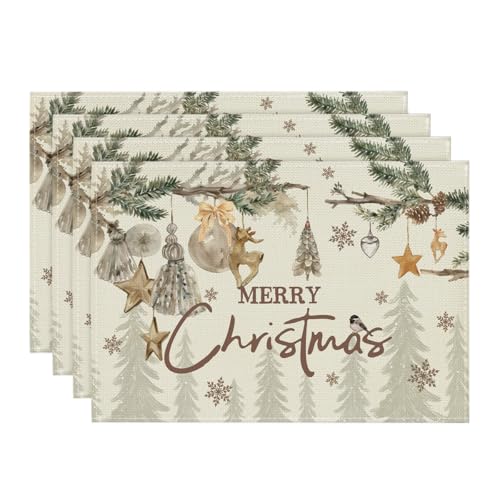 Seasonal Pine Branch Christmas Placemats Set of 4 - 12x18 Inch Rectangular Beige