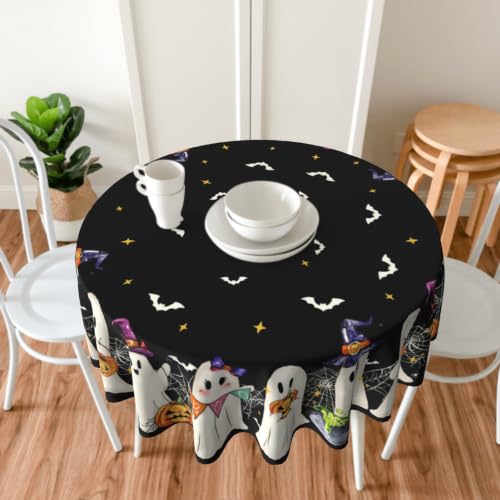White Bat Ghost 60 Inch Water-Resistant Halloween Round Tablecloth - Reusable Decor
