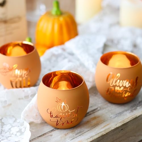 Fall / 6 Pumpkin Glass Votive Candle Holders for Thanksgiving & Fall Decor