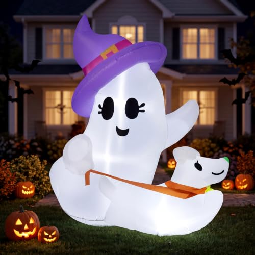 6 FT Halloween Inflatable Ghost & Dog Yard Decor with LED Lights - Outdoor Spooky Decoration